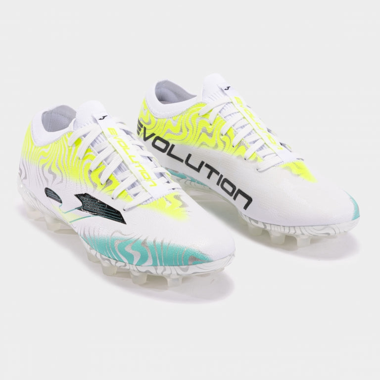 Chuteiras Evolution Cup 24 terreno forme FG branco amarelo