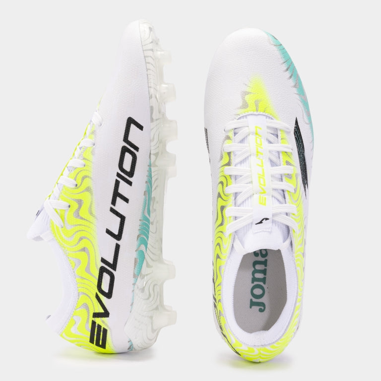 Chuteiras Evolution Cup 24 terreno forme FG branco amarelo